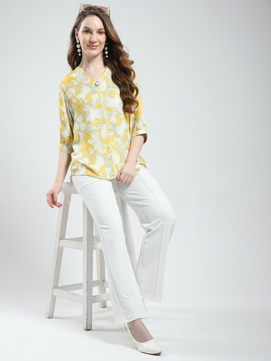 Women Yellow Printed V Neck Half Sleeve Top