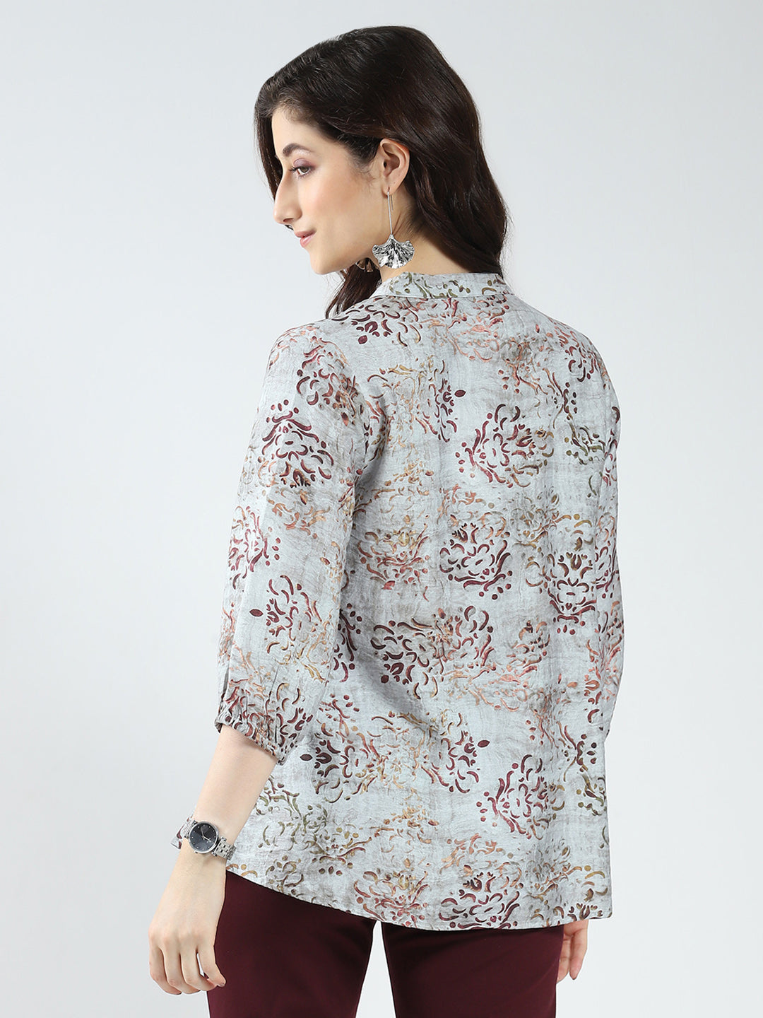 Women Grey Printed Band Neck 3/4th Sleeve Top