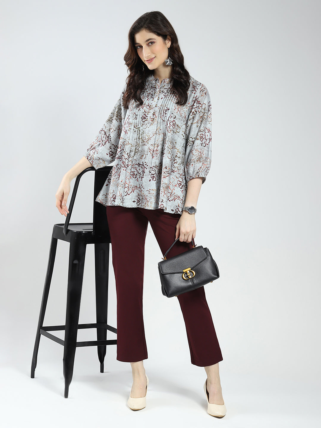 Women Grey Printed Band Neck 3/4th Sleeve Top