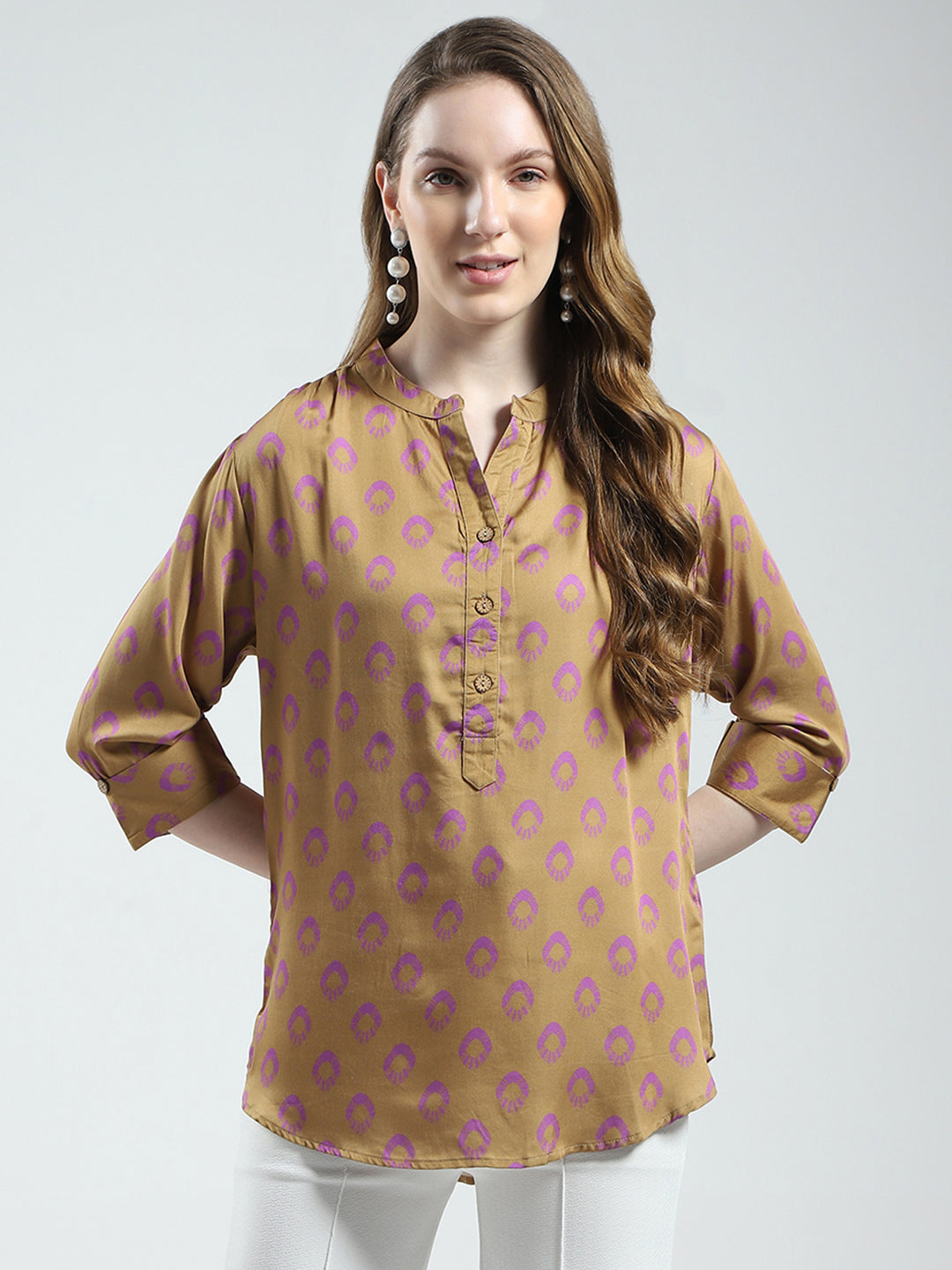 Women Khaki Printed Band Collar 3/4th Sleeve Top