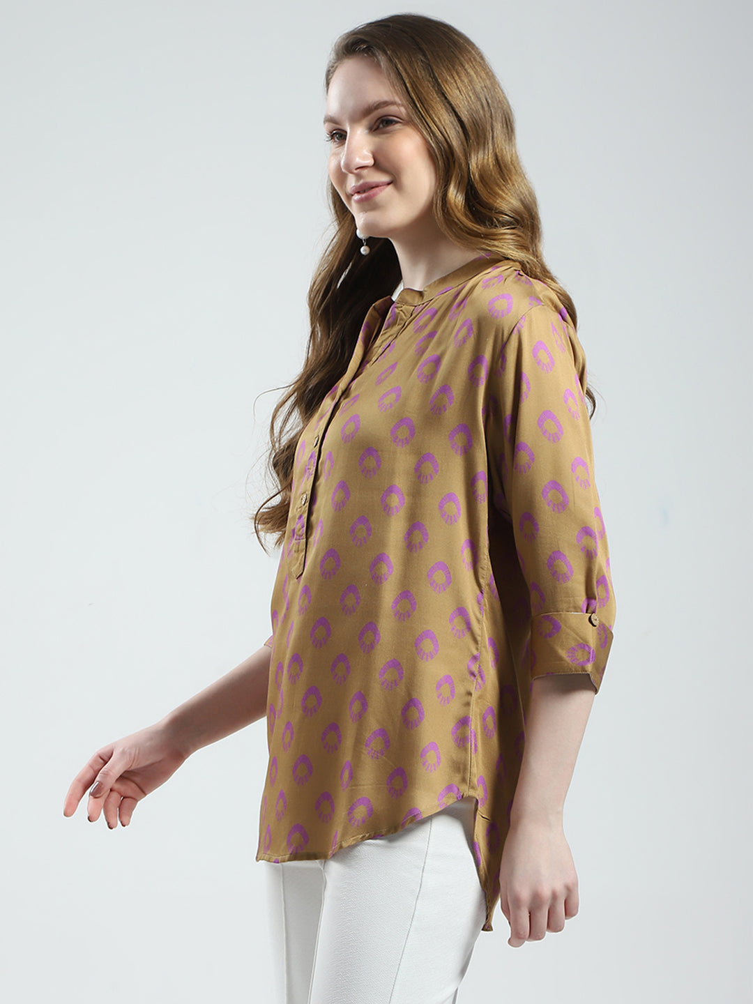 Women Khaki Printed Band Collar 3/4th Sleeve Top