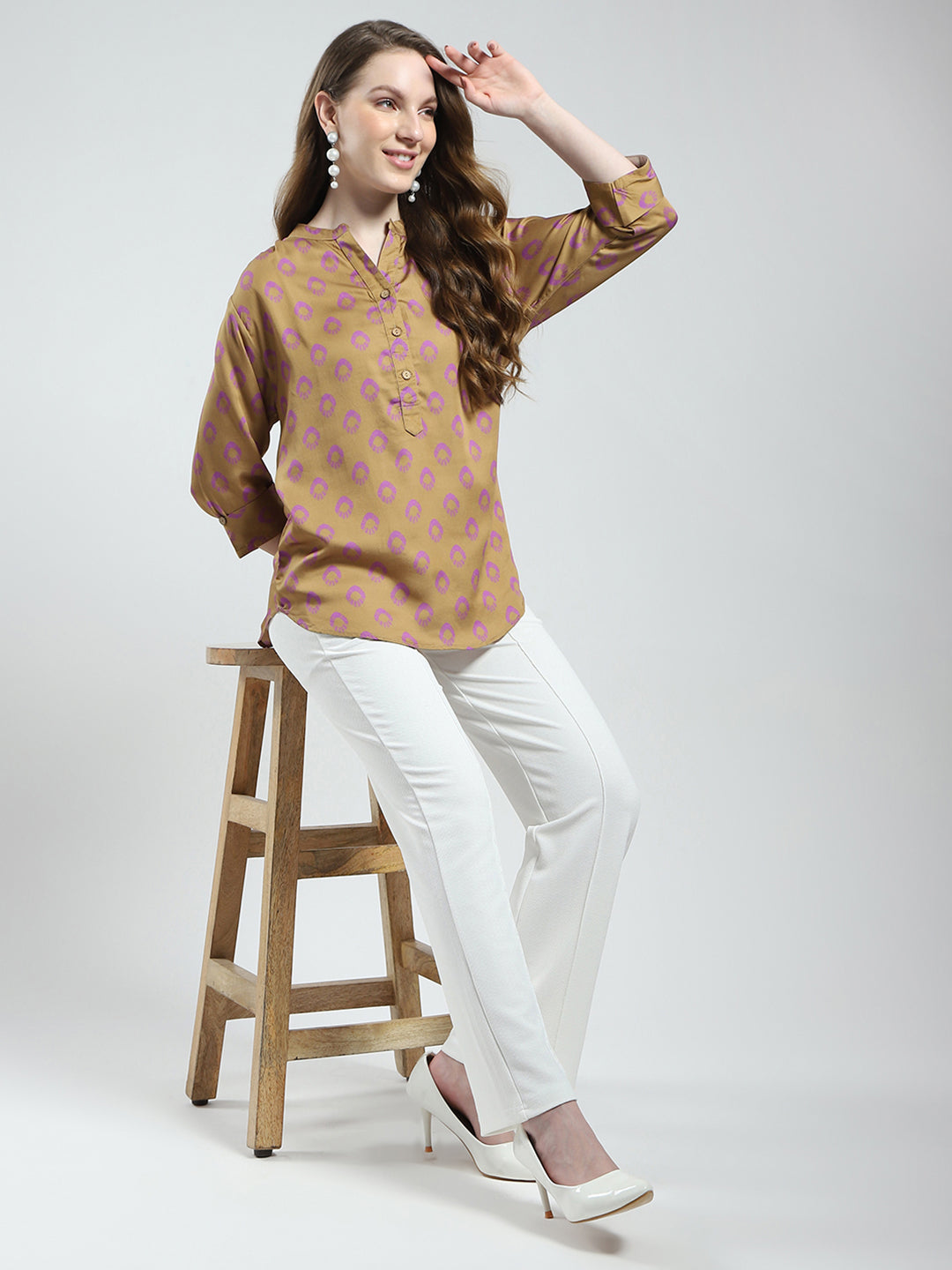 Women Khaki Printed Band Collar 3/4th Sleeve Top