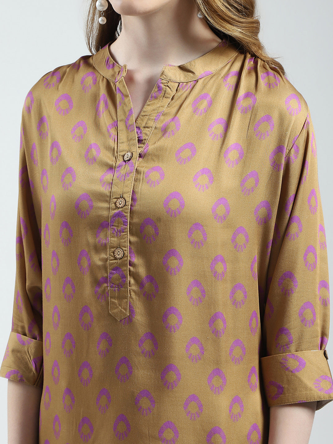 Women Khaki Printed Band Collar 3/4th Sleeve Top