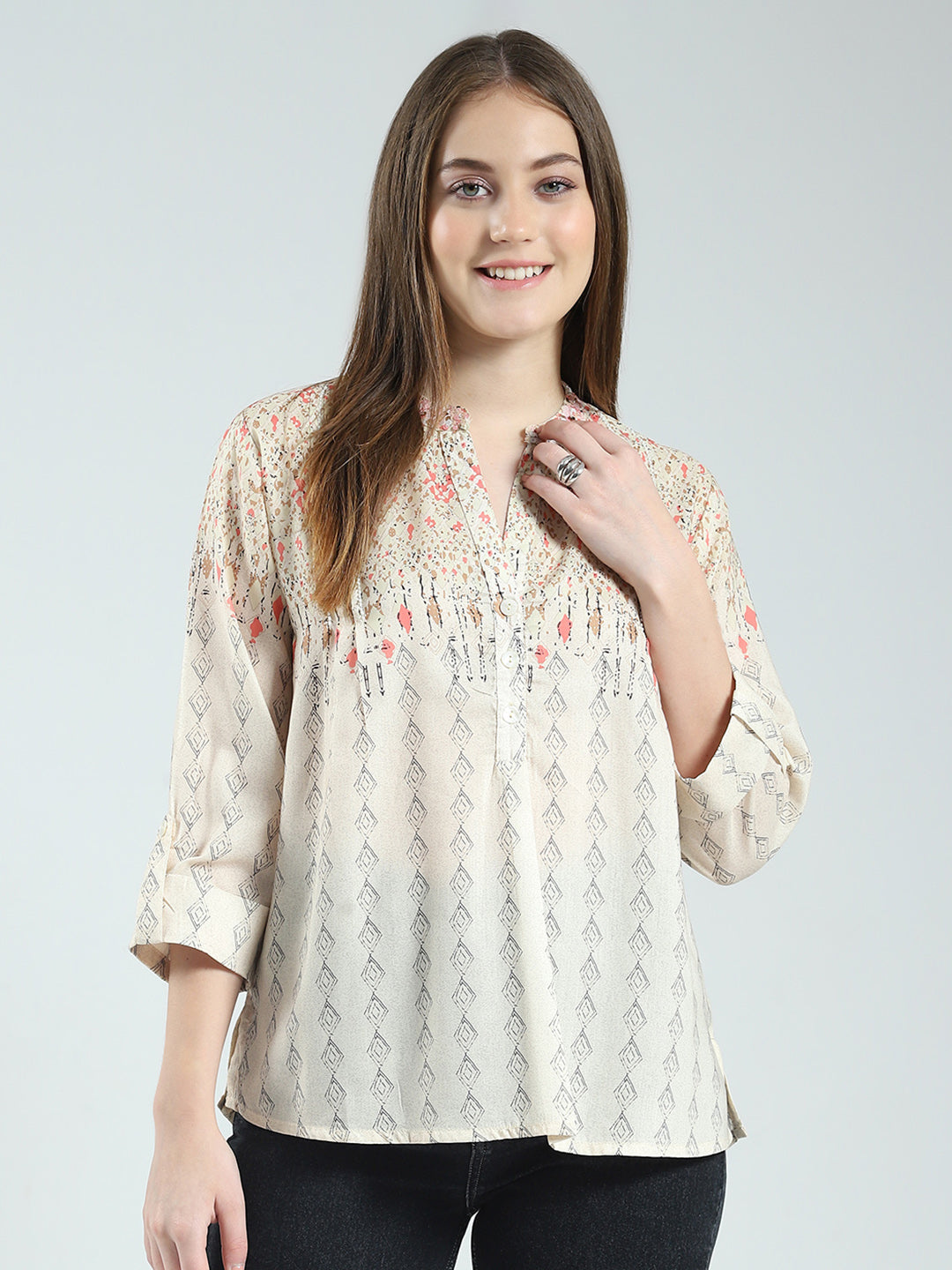 Women Beige Printed Band Neck 3/4th Sleeve Top