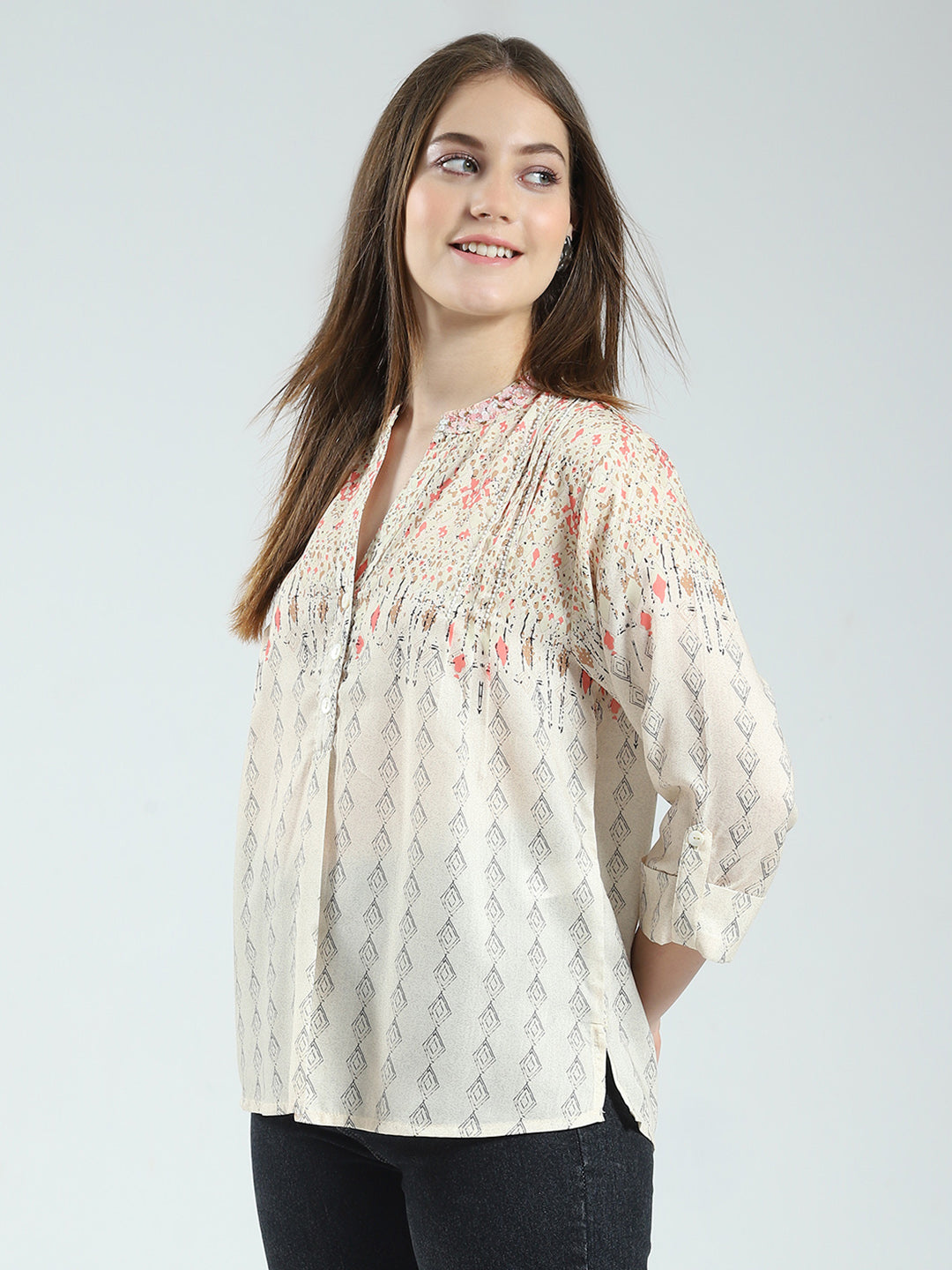 Women Beige Printed Band Neck 3/4th Sleeve Top