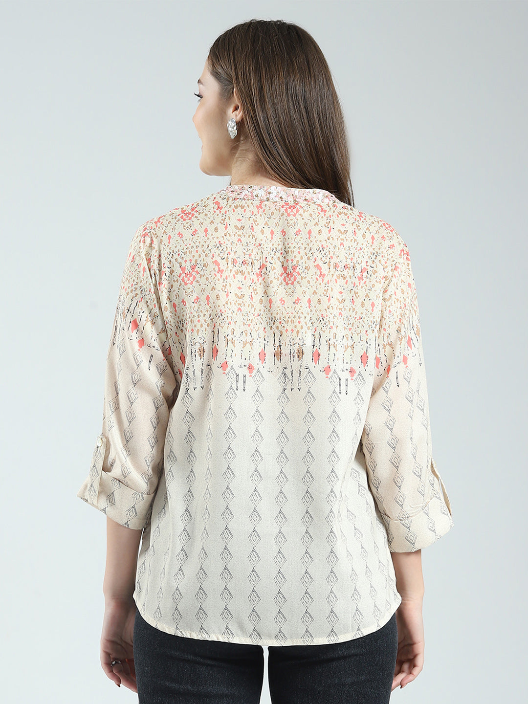 Women Beige Printed Band Neck 3/4th Sleeve Top