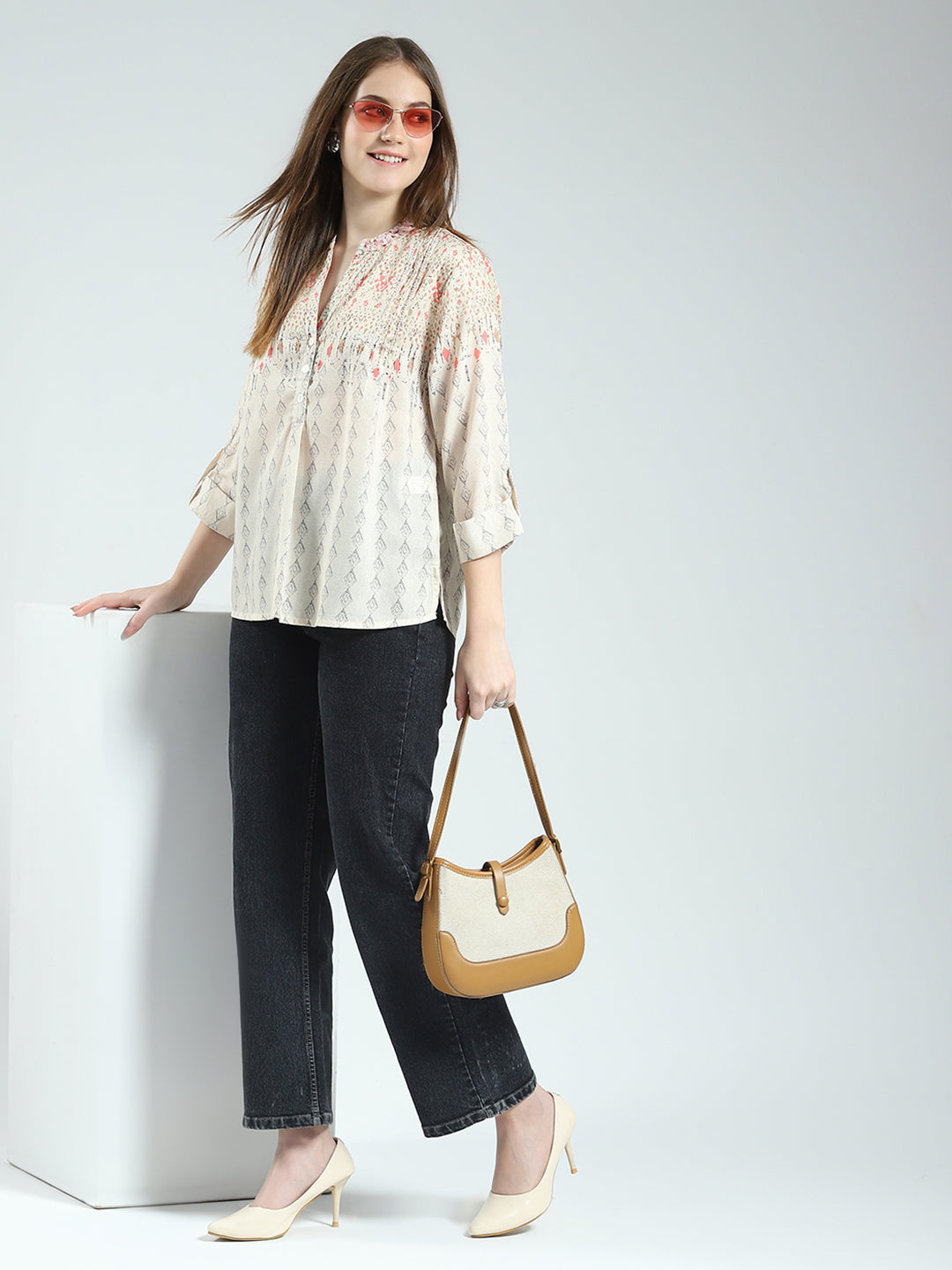 Women Beige Printed Band Neck 3/4th Sleeve Top