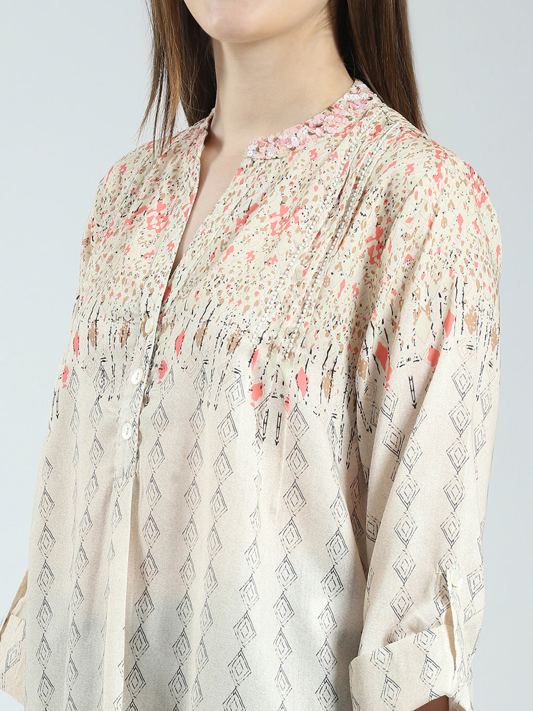 Women Beige Printed Band Neck 3/4th Sleeve Top