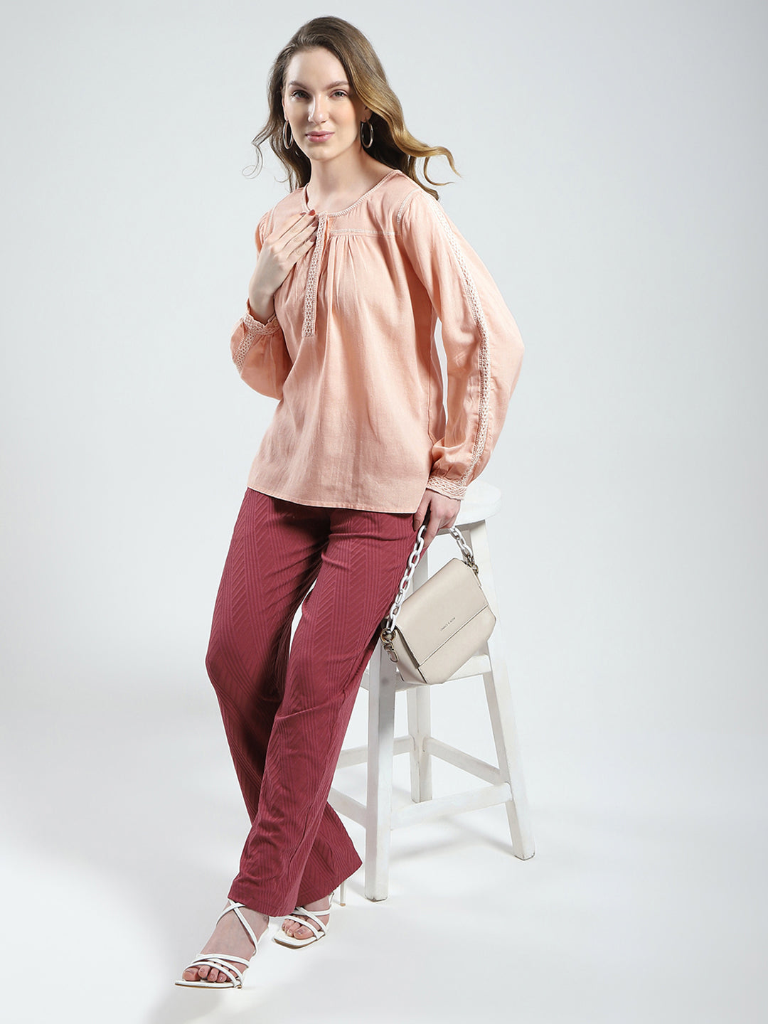 Women Pink Solid Round Neck Full Sleeve Top