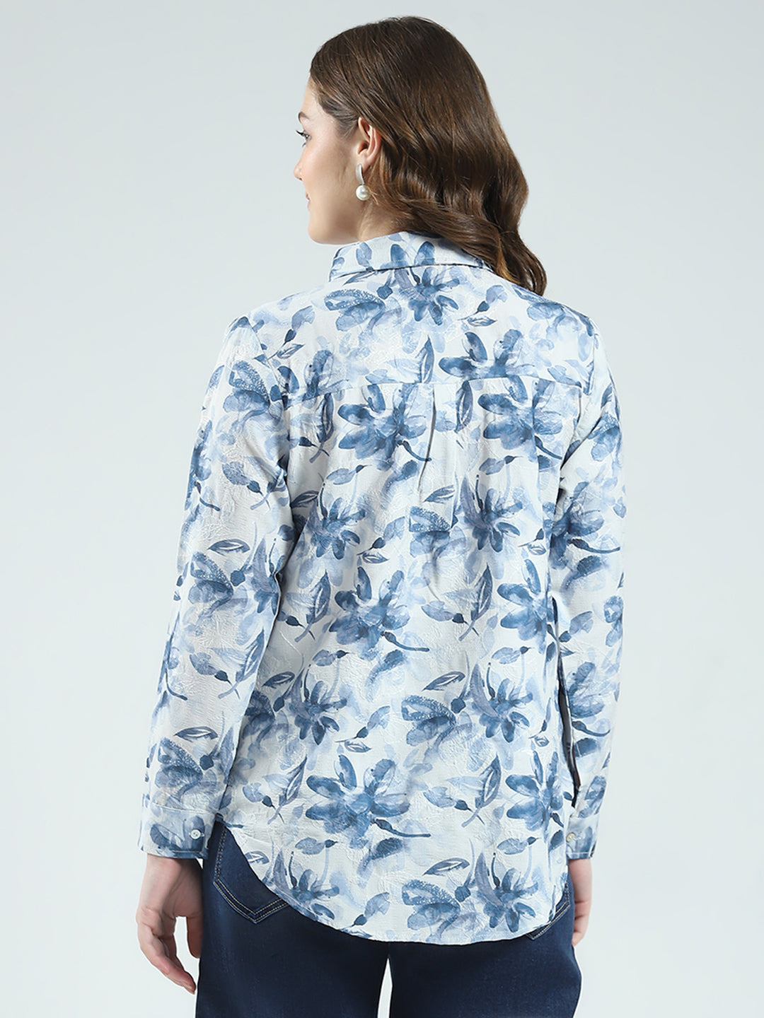 Women Blue Printed Collar Full Sleeve Top