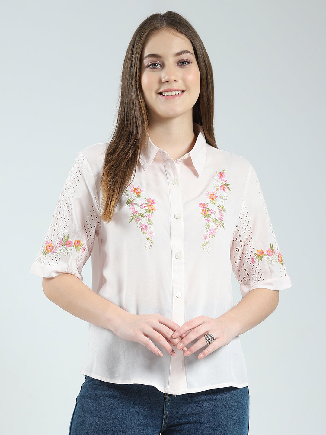 Women Pink Printed Collar Half Sleeve Top