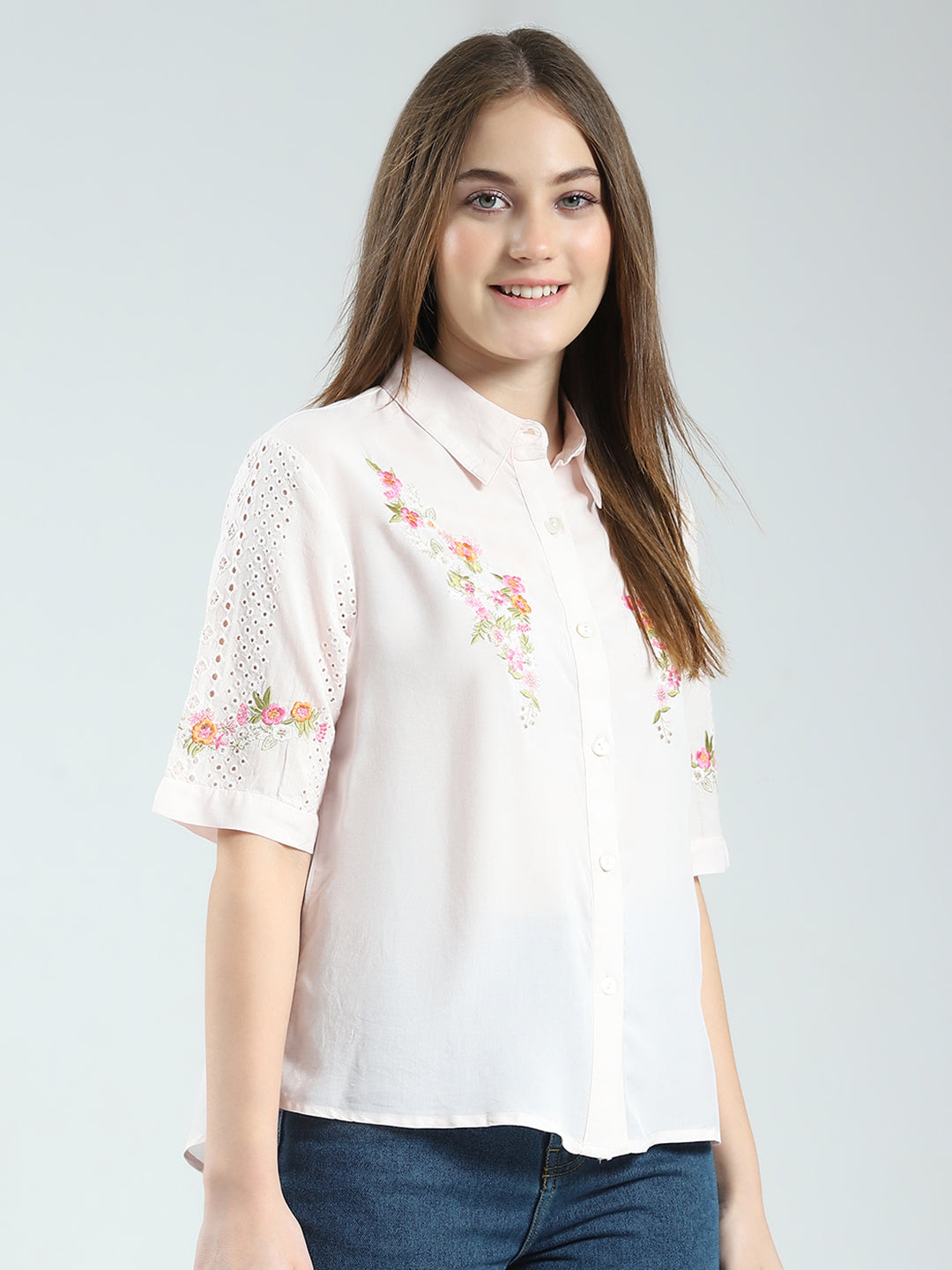 Women Pink Printed Collar Half Sleeve Top