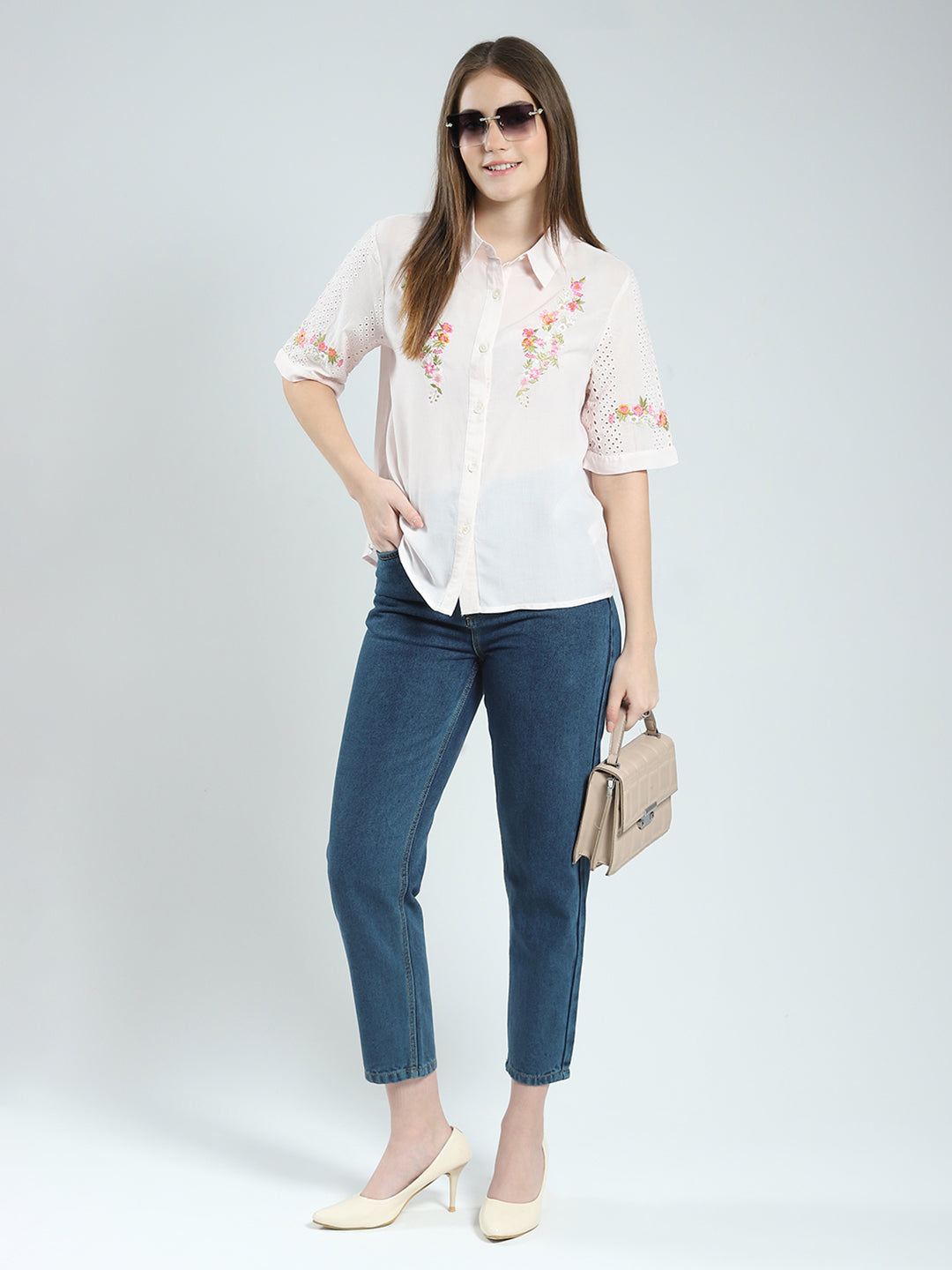 Women Pink Printed Collar Half Sleeve Top