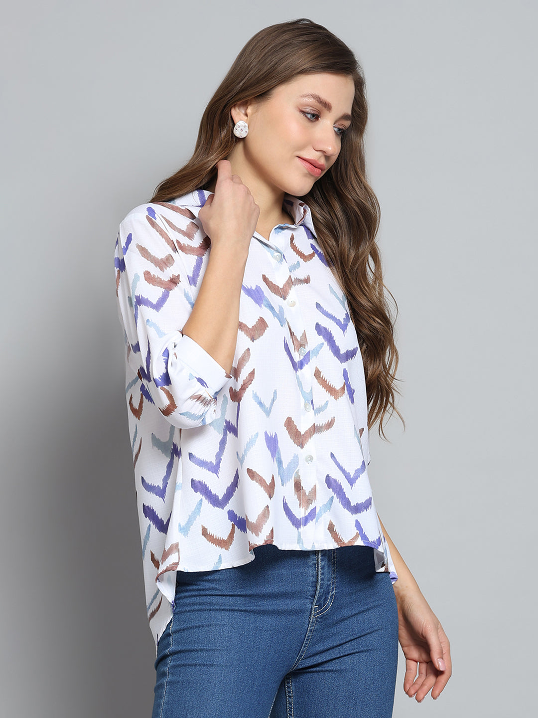 Women Off White Printed Collar 3/4th Sleeve Top