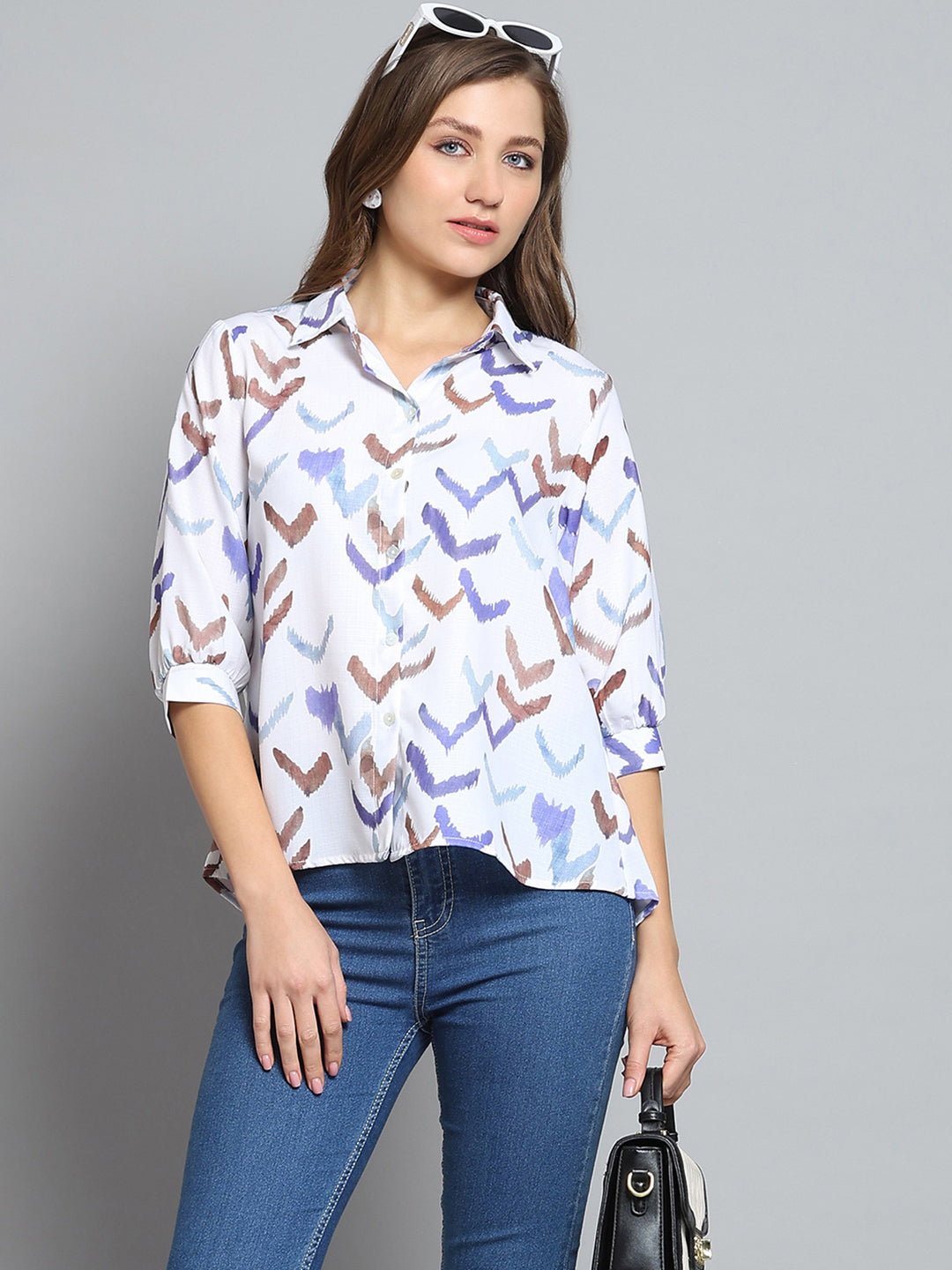 Women Off White Printed Collar 3/4th Sleeve Top