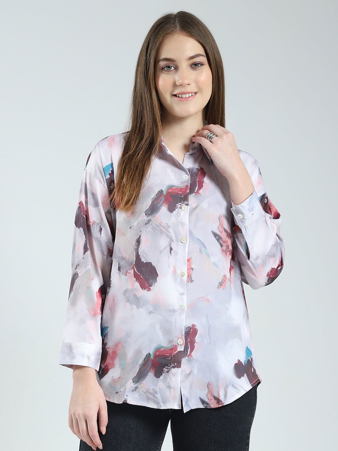 Women Grey Printed Collar Full Sleeve Top