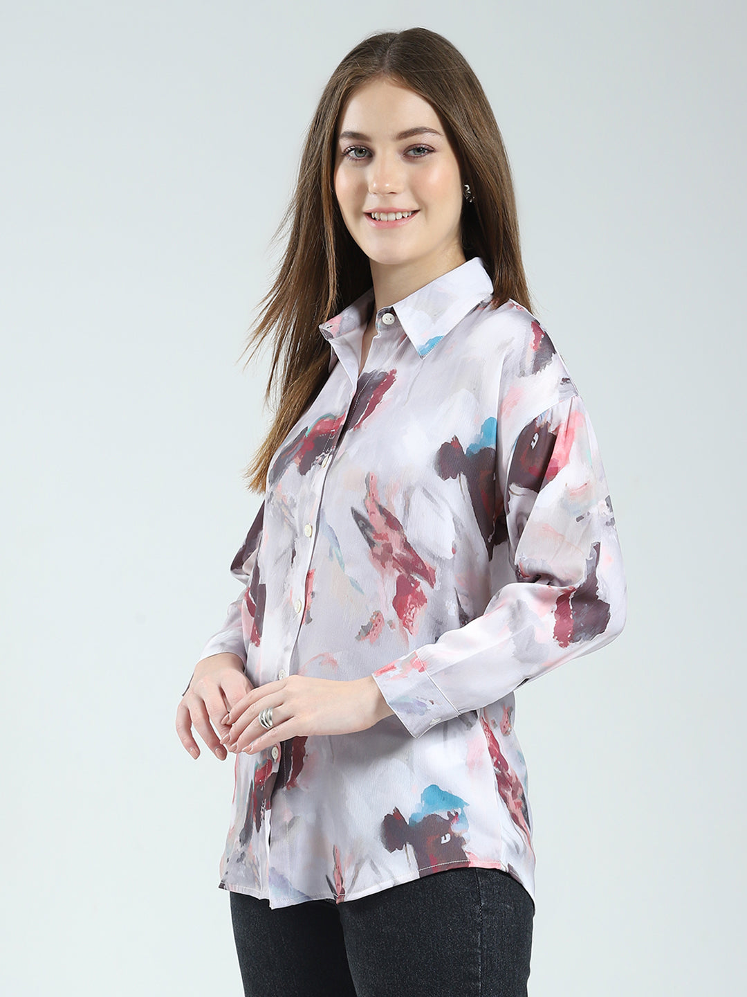Women Grey Printed Collar Full Sleeve Top