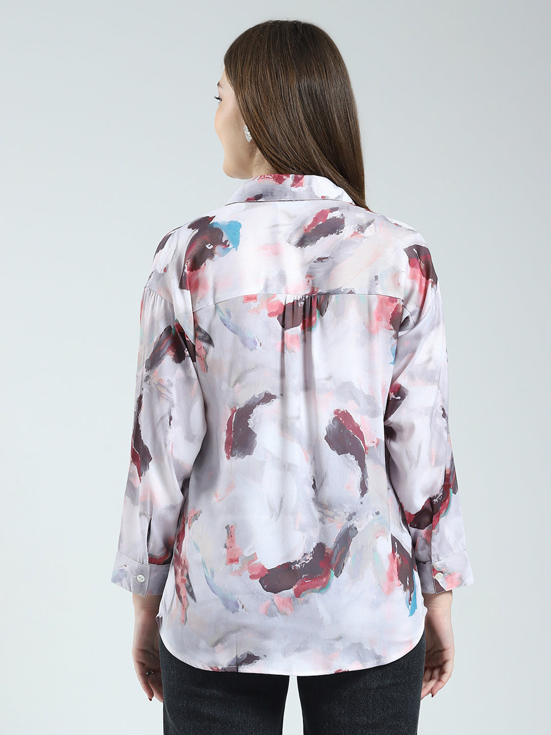 Women Grey Printed Collar Full Sleeve Top