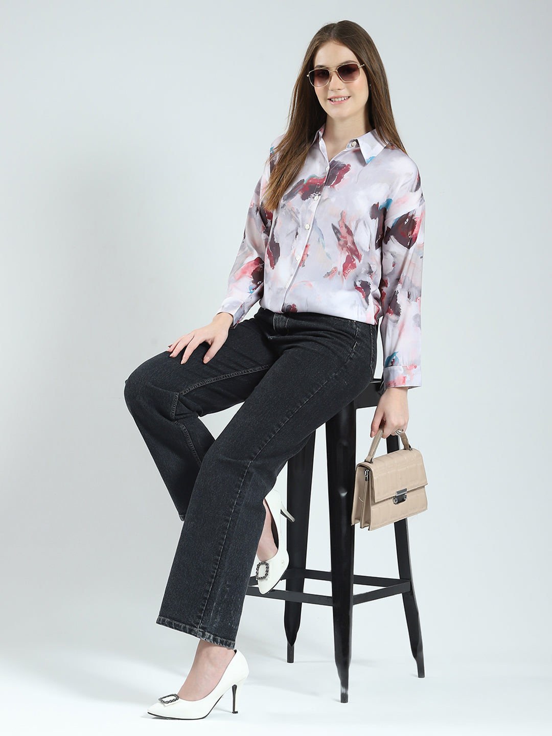 Women Grey Printed Collar Full Sleeve Top