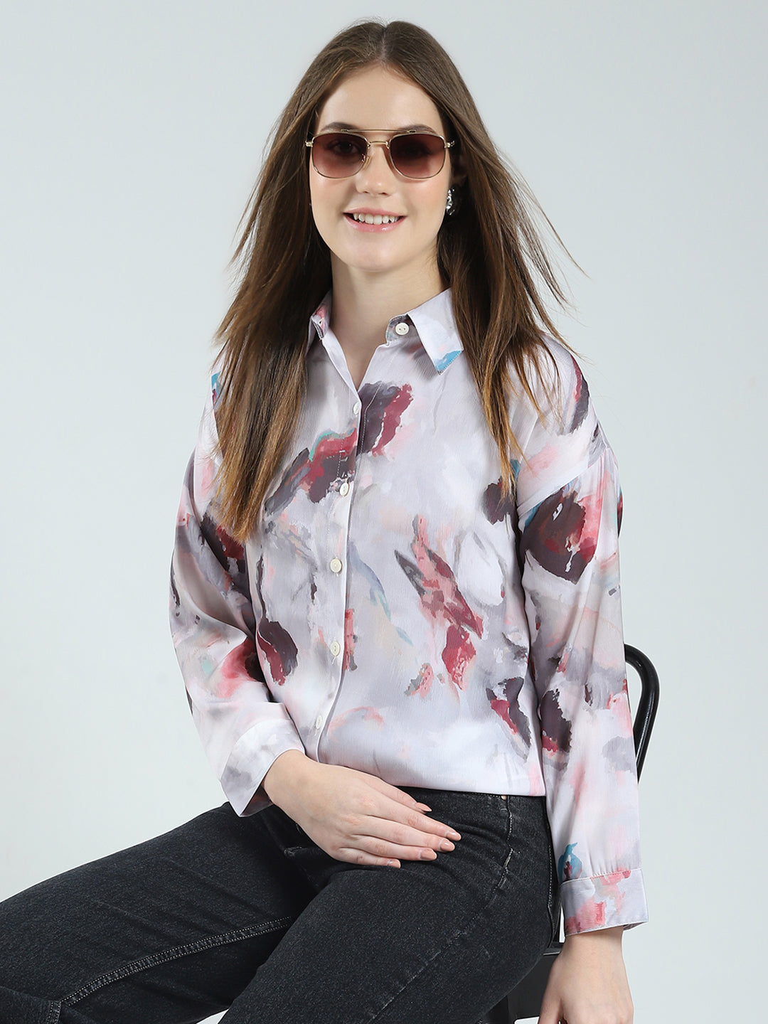 Women Grey Printed Collar Full Sleeve Top