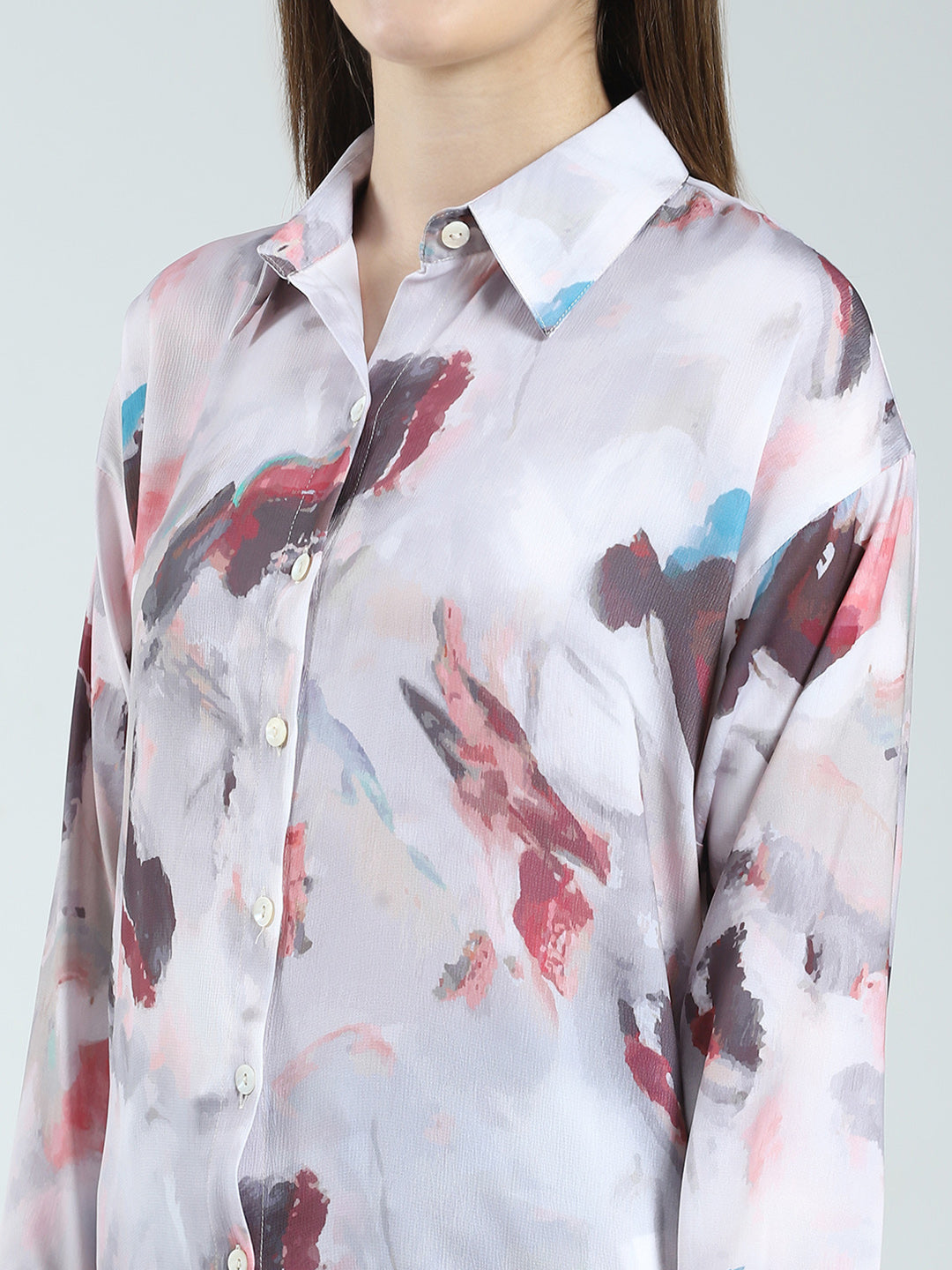 Women Grey Printed Collar Full Sleeve Top