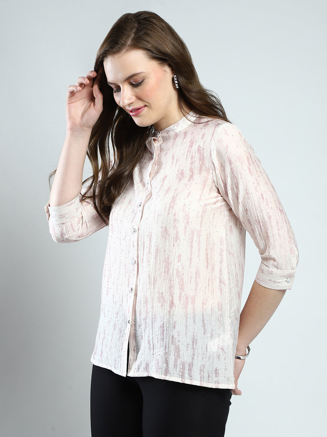 Women Beige Printed Band Collar 3/4th Sleeve Top