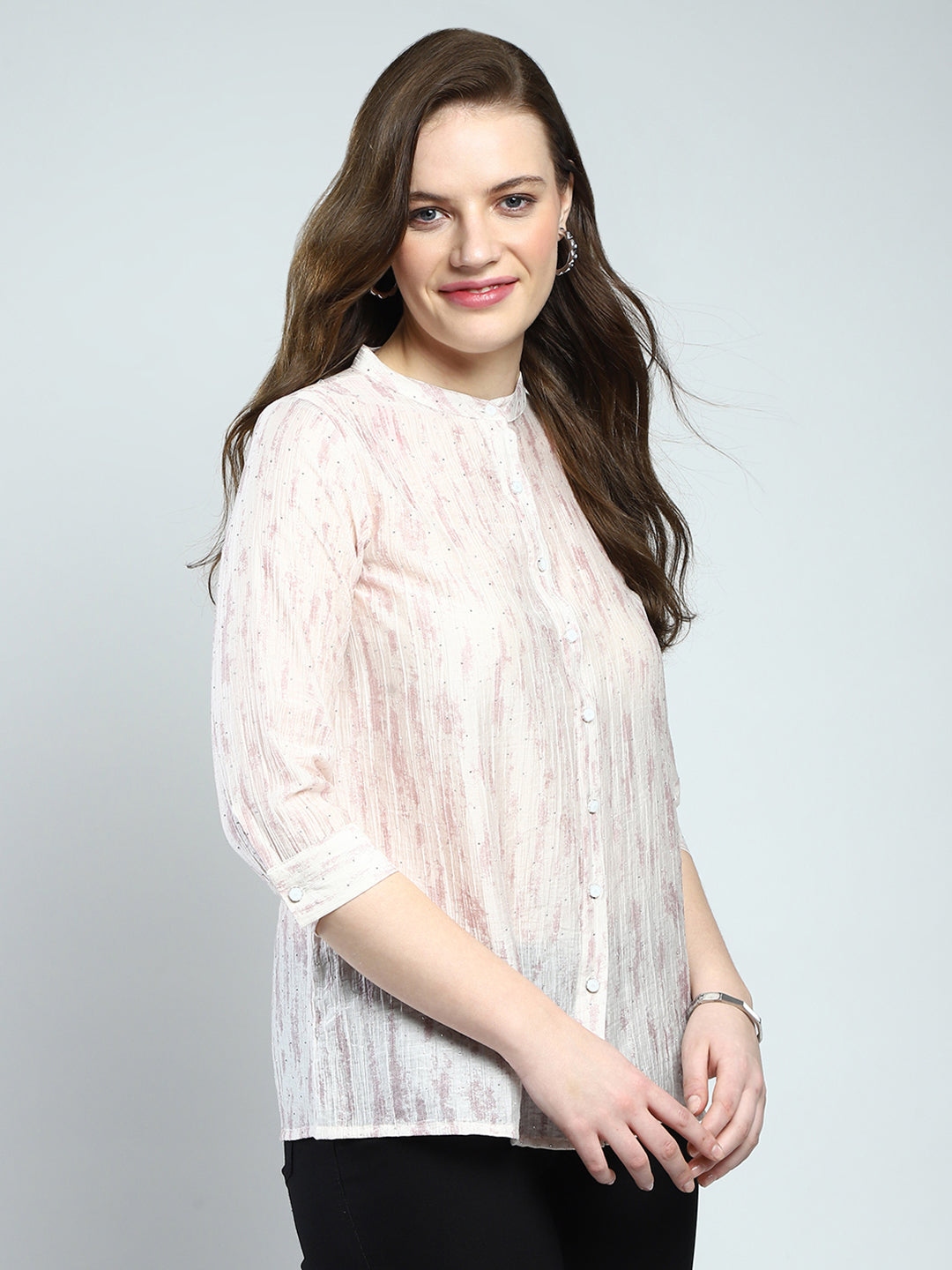 Women Beige Printed Band Collar 3/4th Sleeve Top