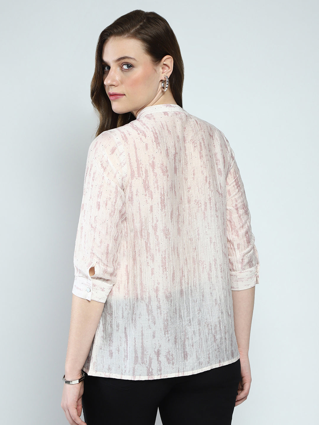 Women Beige Printed Band Collar 3/4th Sleeve Top