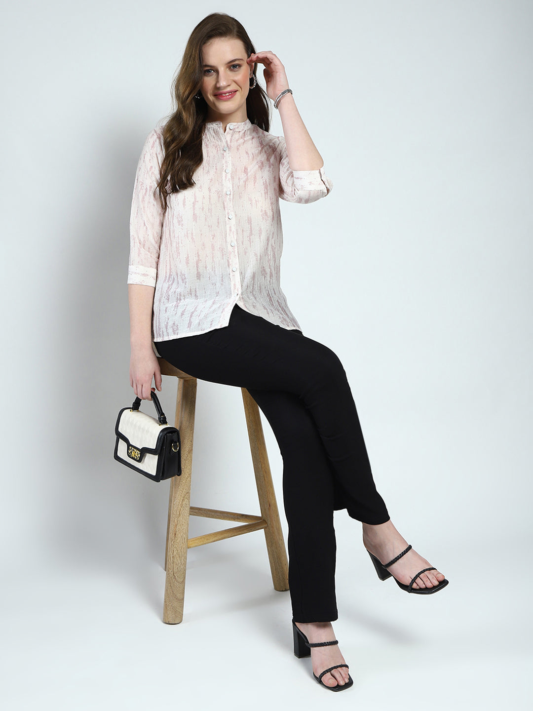 Women Beige Printed Band Collar 3/4th Sleeve Top