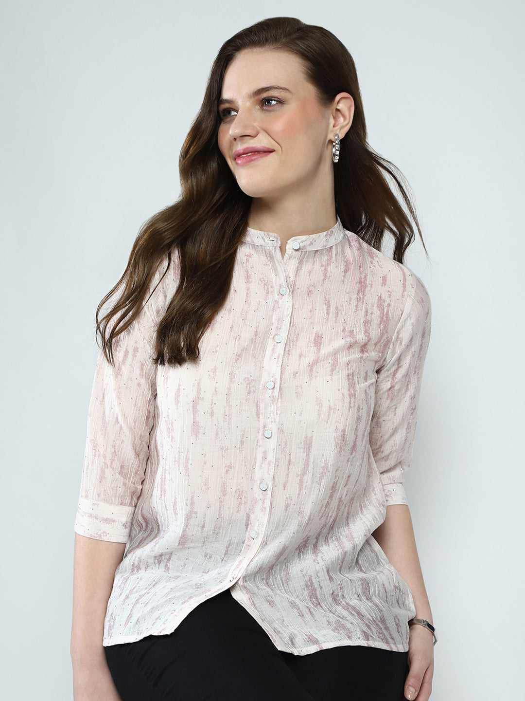 Women Beige Printed Band Collar 3/4th Sleeve Top