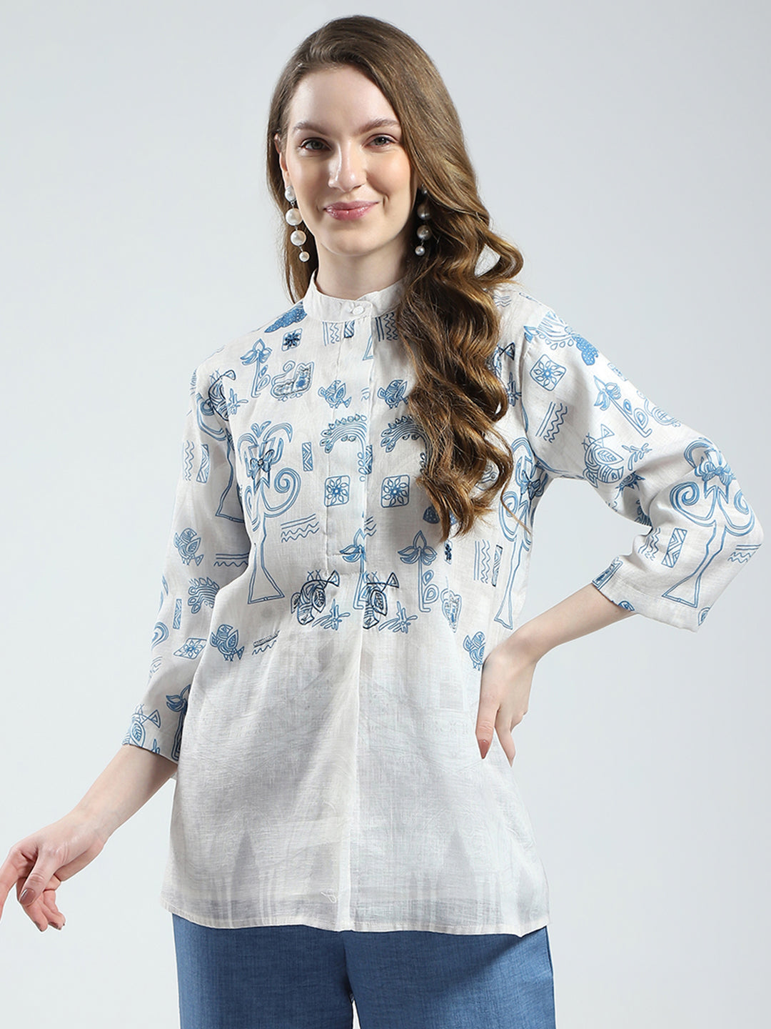 Women White Printed Band Collar 3/4th Sleeve Top