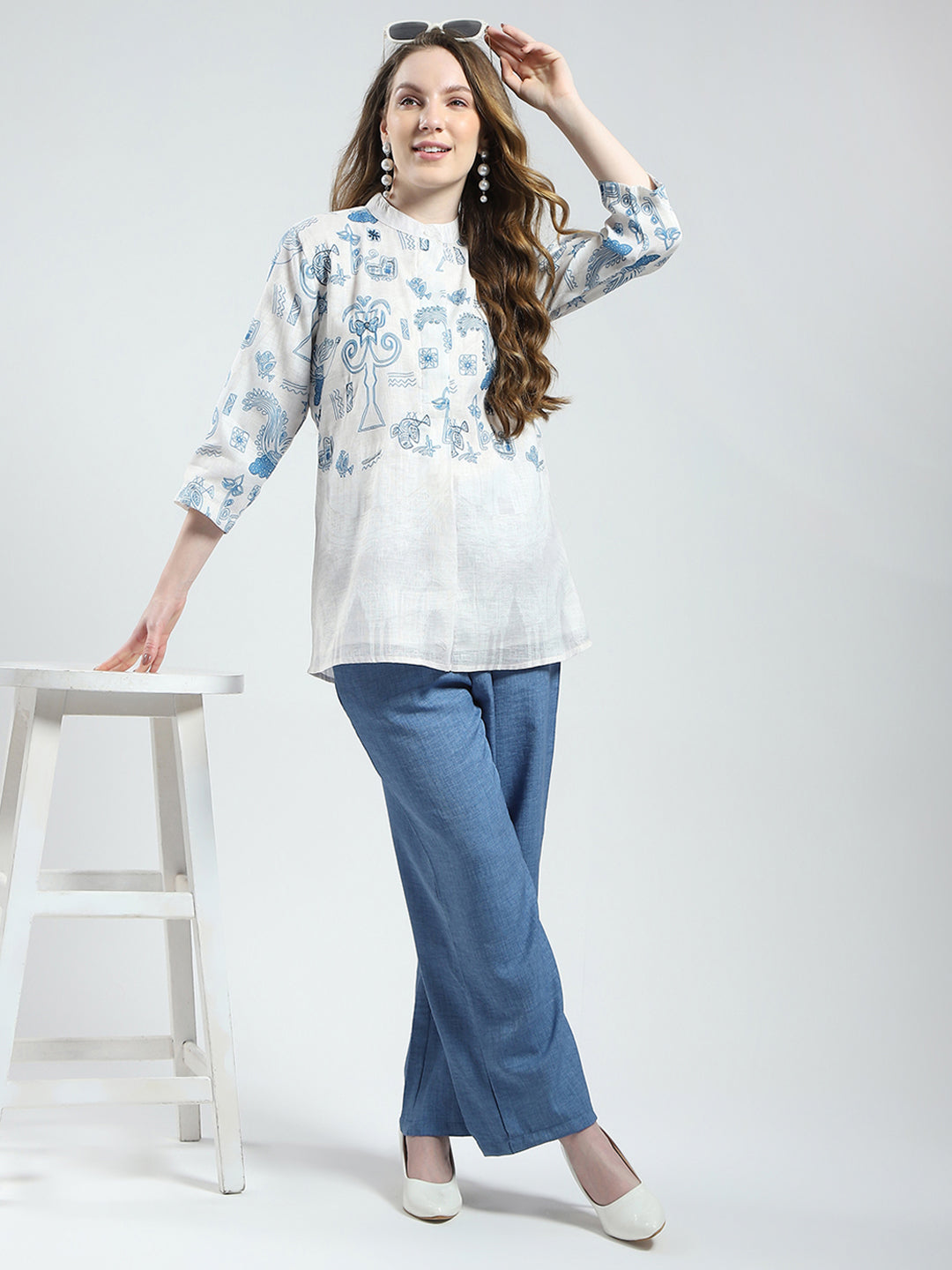 Women White Printed Band Collar 3/4th Sleeve Top