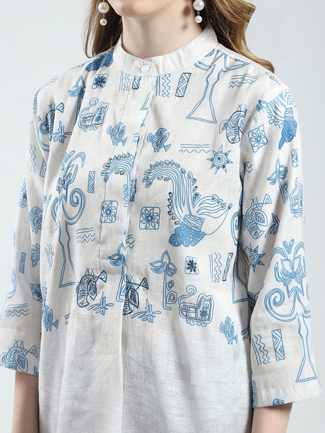 Women White Printed Band Collar 3/4th Sleeve Top