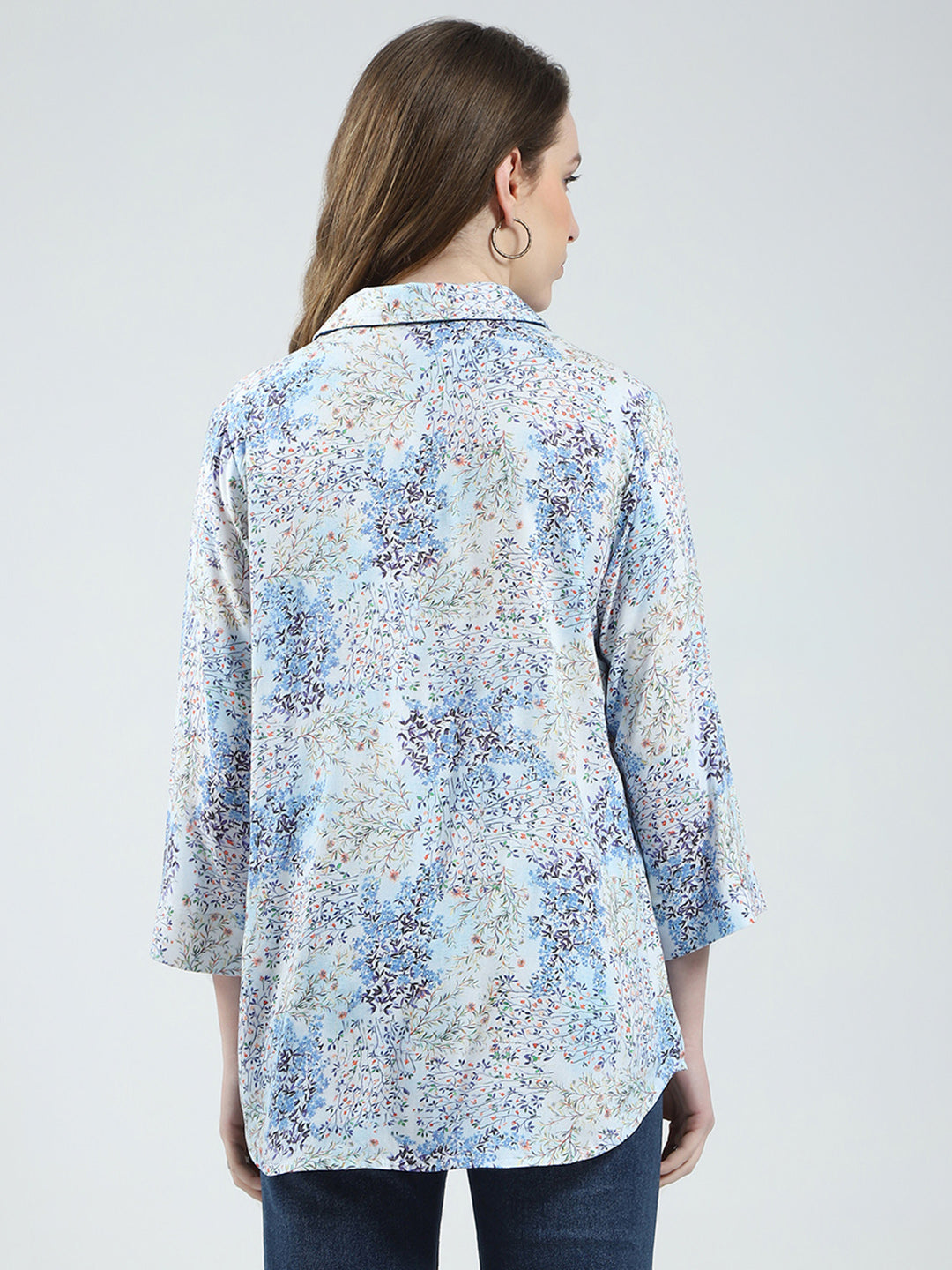 Women Blue Printed Collar 3/4th Sleeve Top