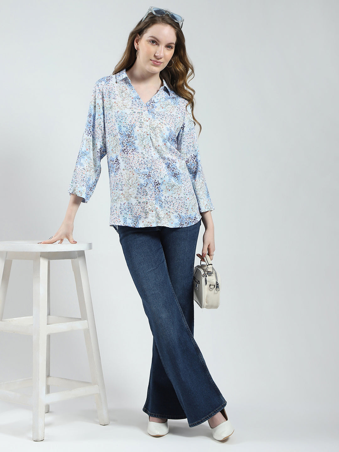 Women Blue Printed Collar 3/4th Sleeve Top