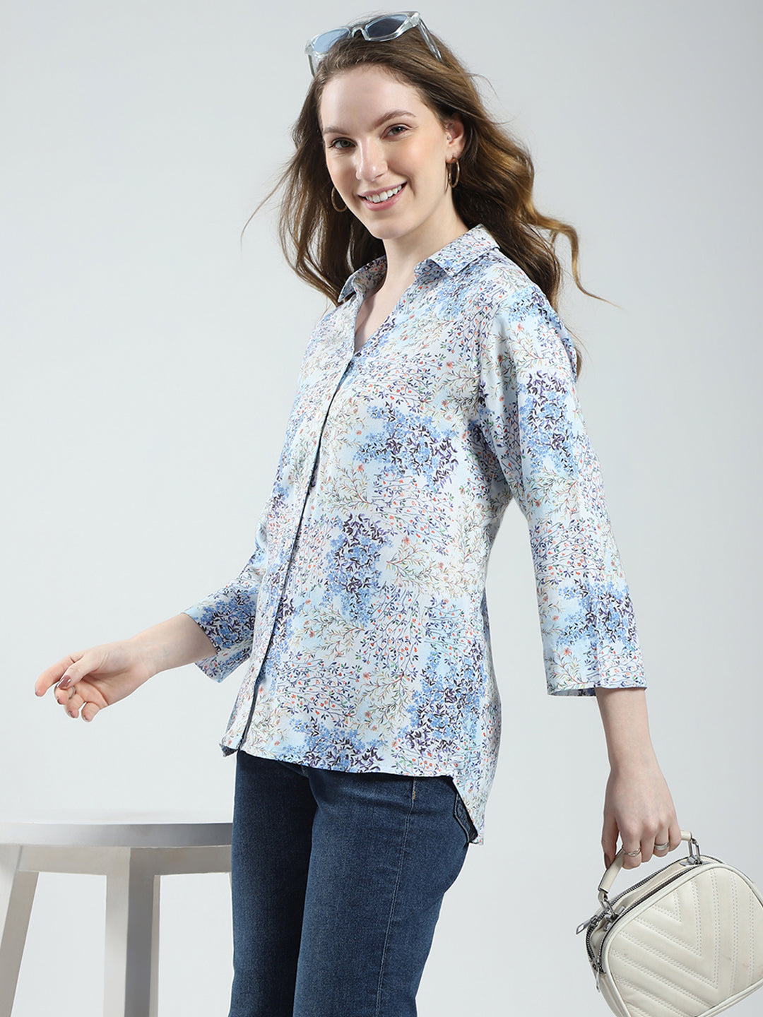 Women Blue Printed Collar 3/4th Sleeve Top