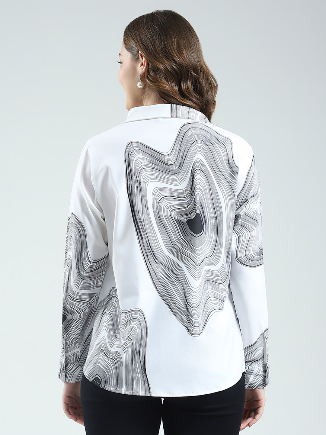 Women White Printed Collar Full Sleeve Top
