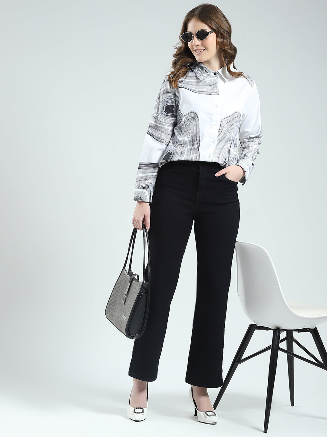 Women White Printed Collar Full Sleeve Top