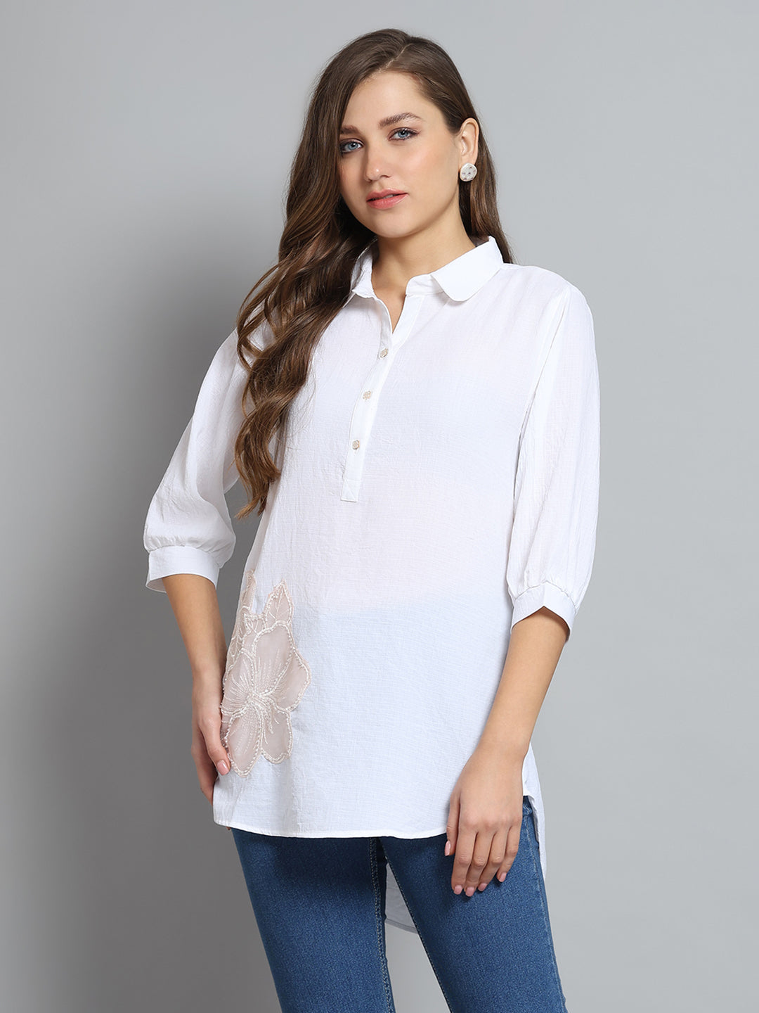 Buy Women White Self Design Collar 3/4th Sleeve Top Online in