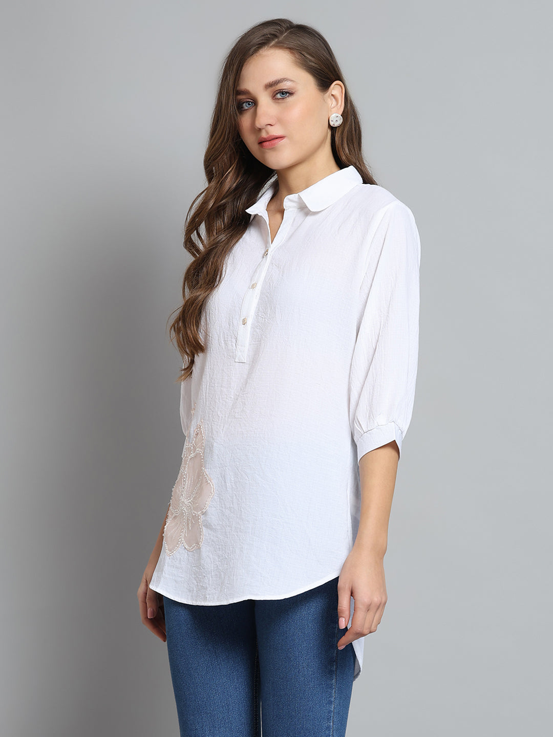 Women White Self Design Collar 3/4th Sleeve Top