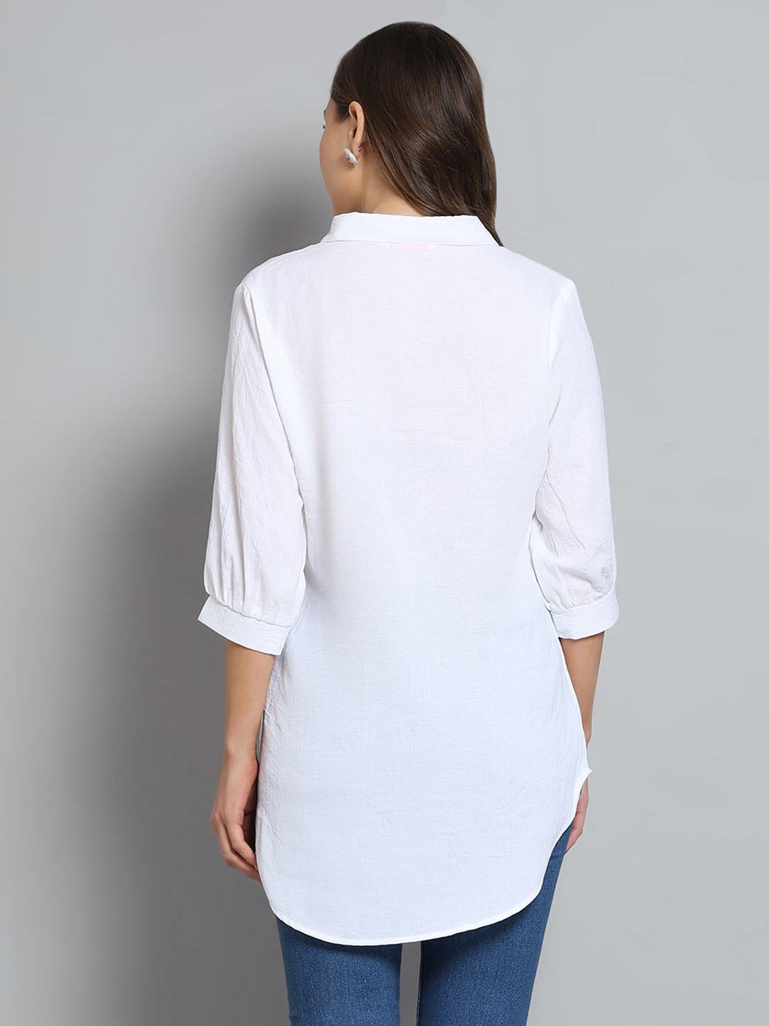 Women White Self Design Collar 3/4th Sleeve Top