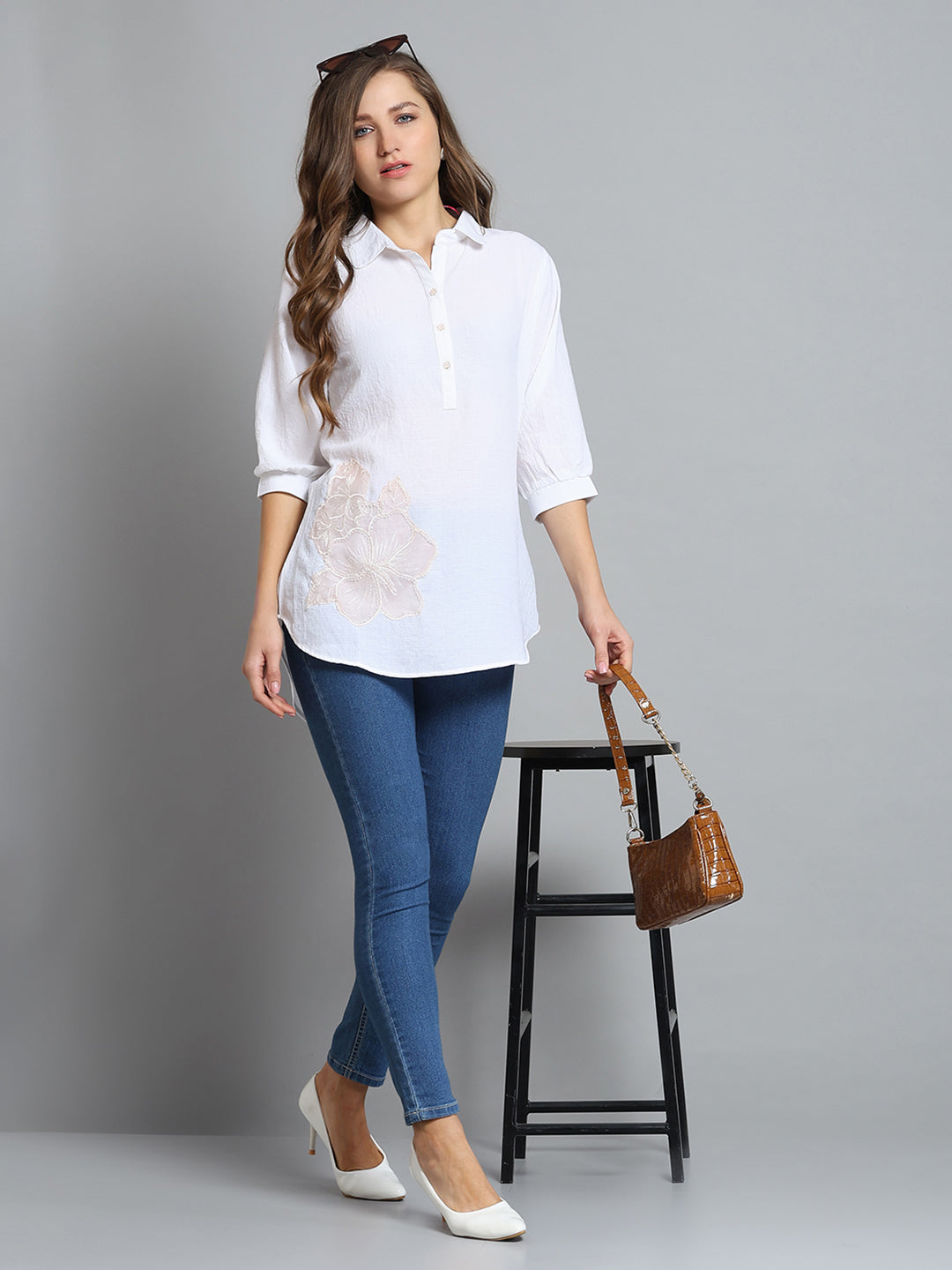 Women White Self Design Collar 3/4th Sleeve Top