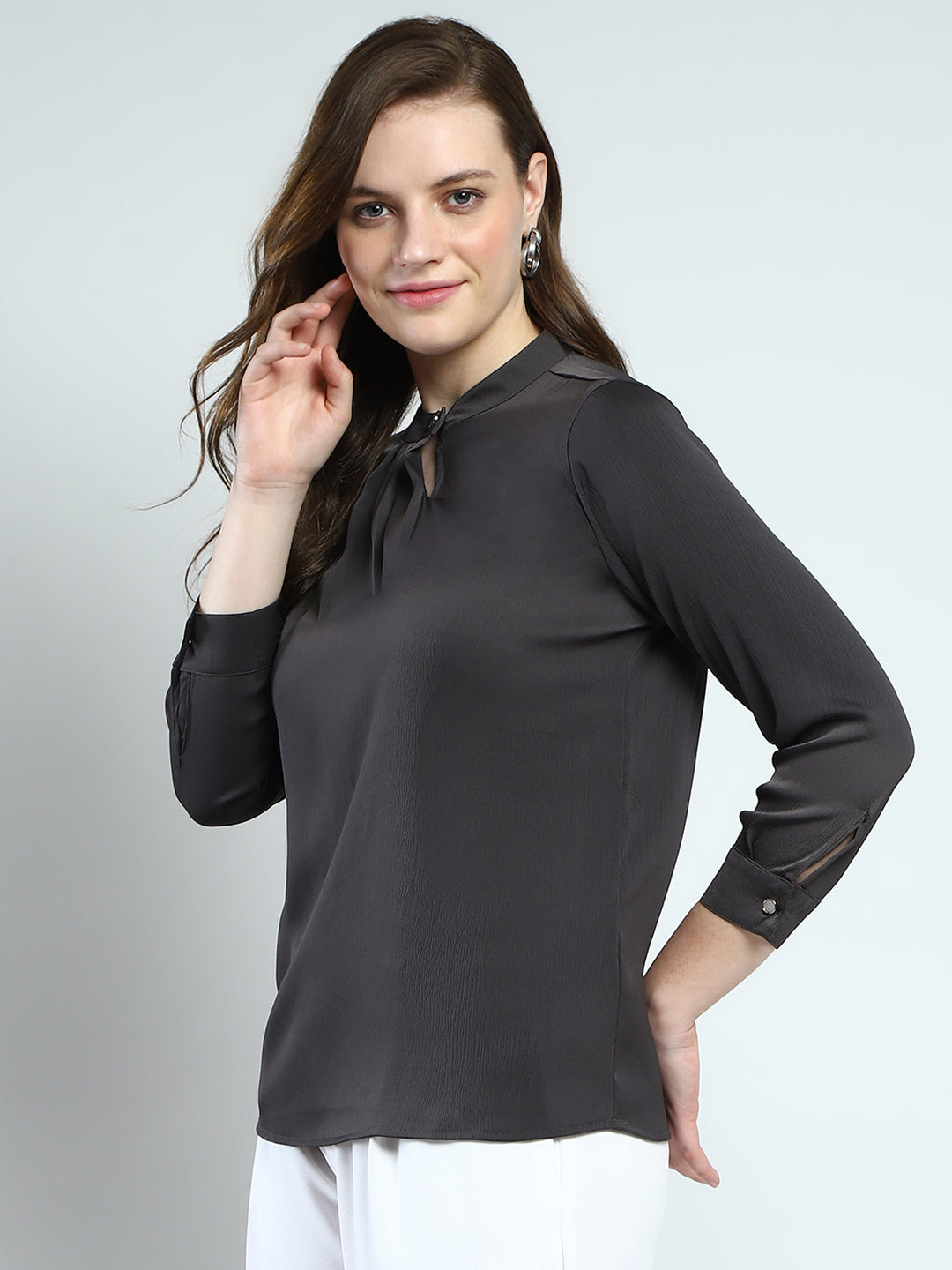 Women Grey Solid Front Open Full Sleeve Top
