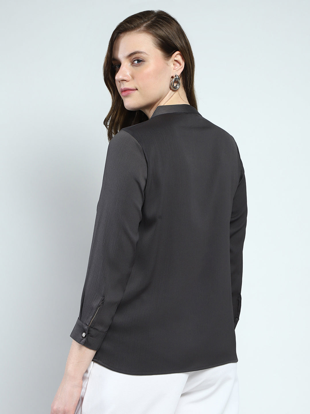 Women Grey Solid Front Open Full Sleeve Top