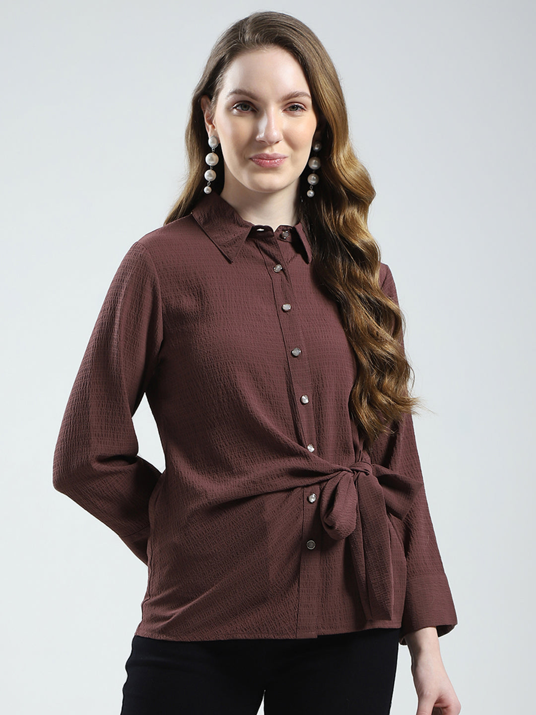 Women Brown Solid Collar 3/4th Sleeve Top