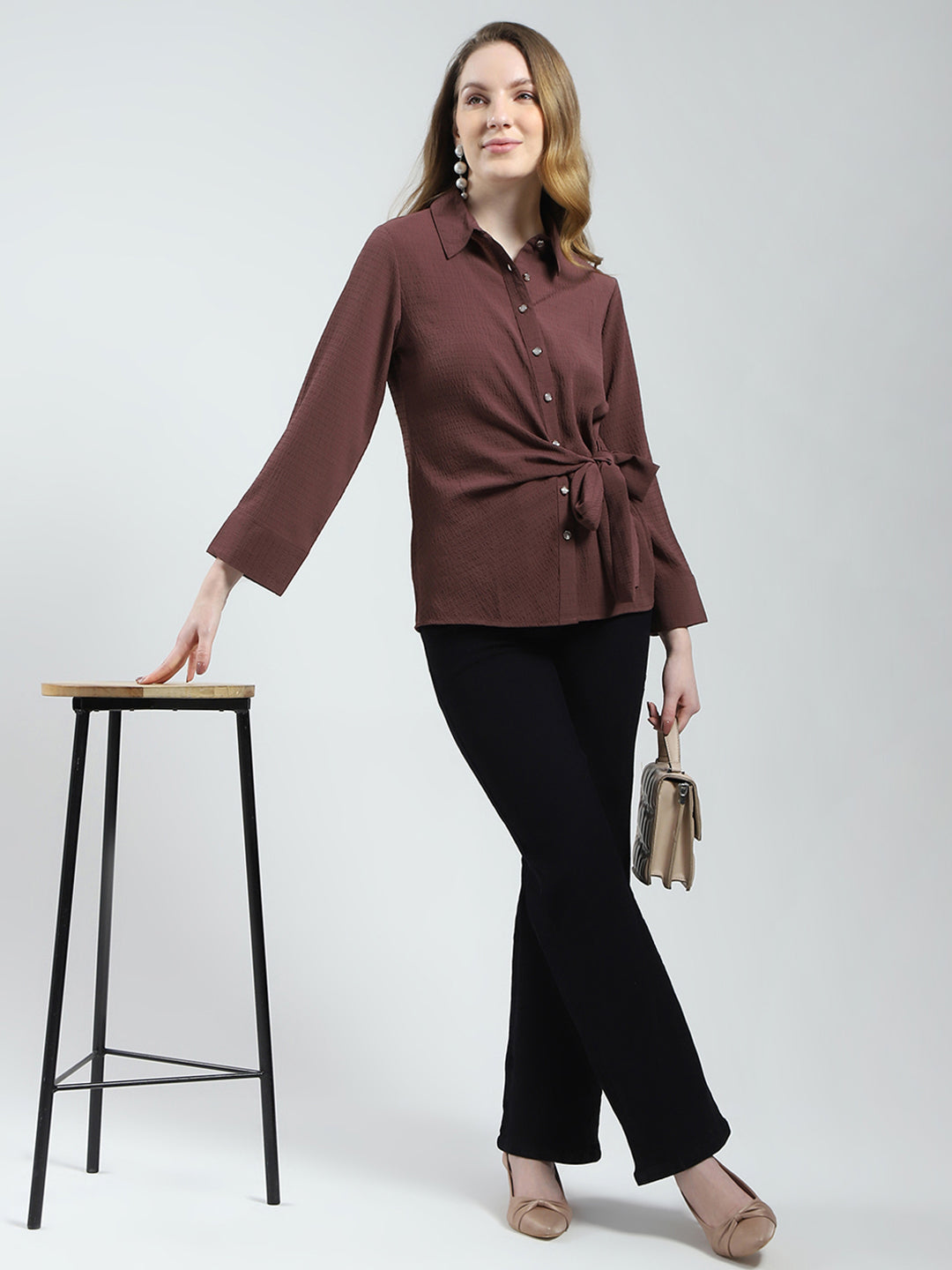 Women Brown Solid Collar 3/4th Sleeve Top