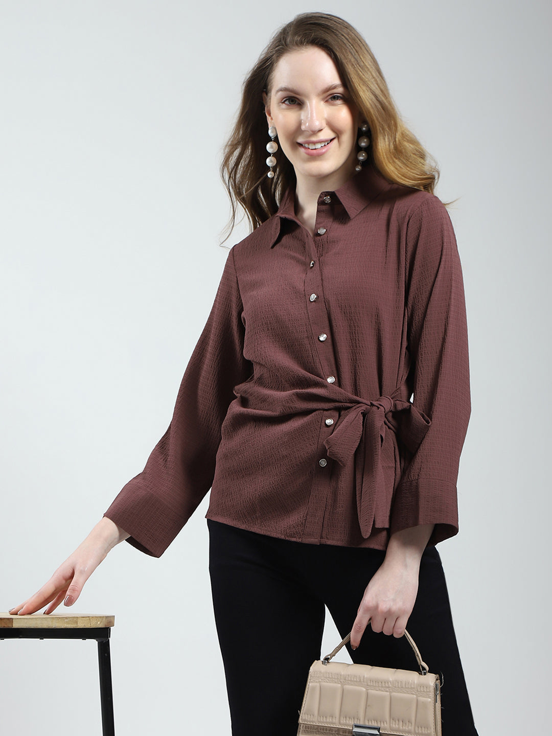 Women Brown Solid Collar 3/4th Sleeve Top