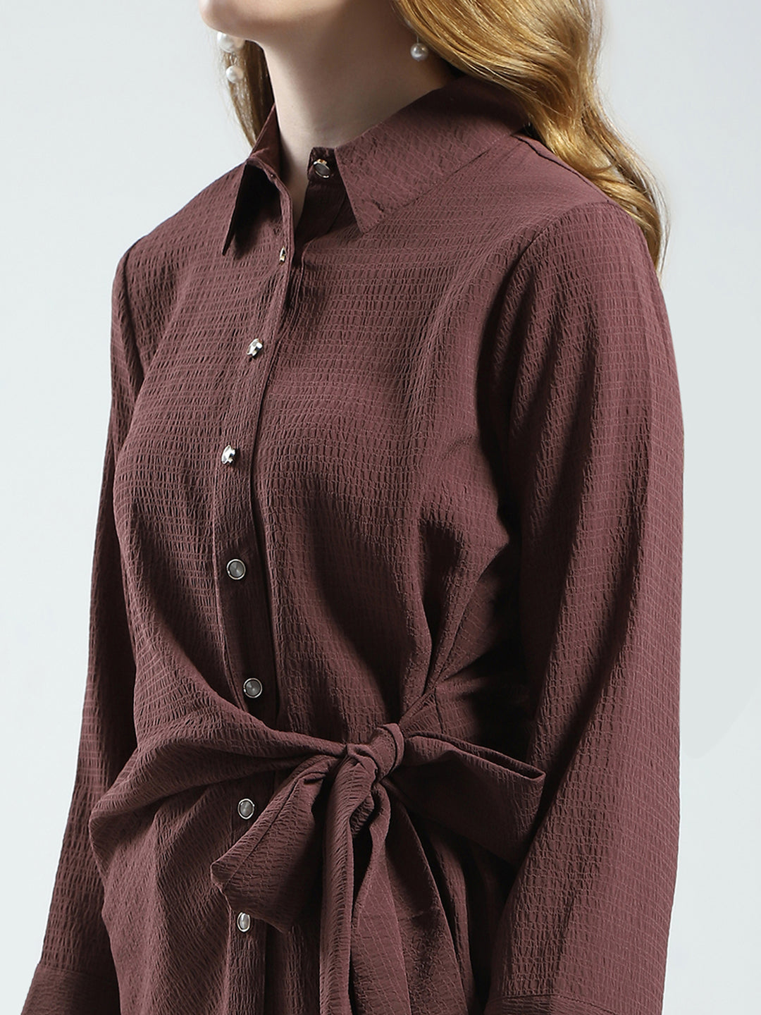 Women Brown Solid Collar 3/4th Sleeve Top
