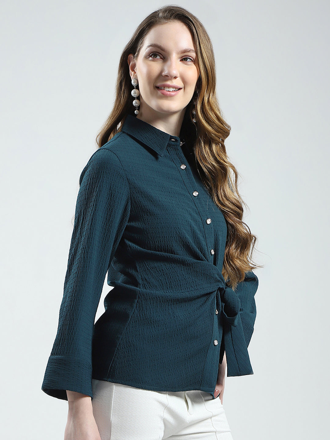 Women Teal Blue Solid Collar 3/4th Sleeve Top