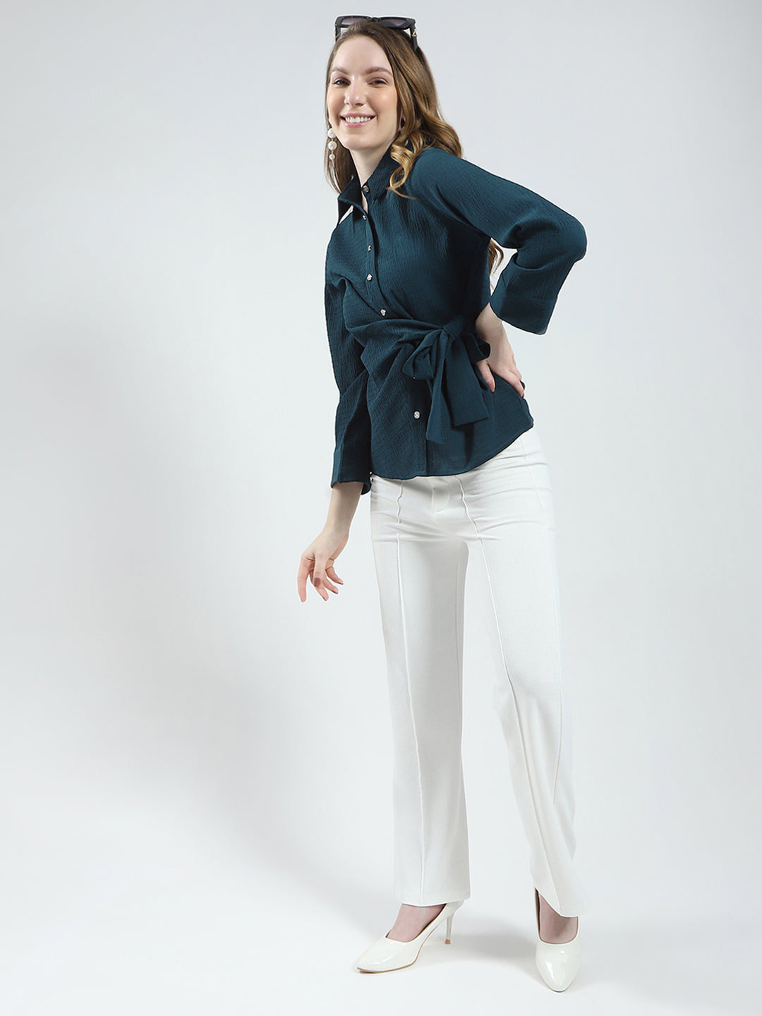 Women Teal Blue Solid Collar 3/4th Sleeve Top